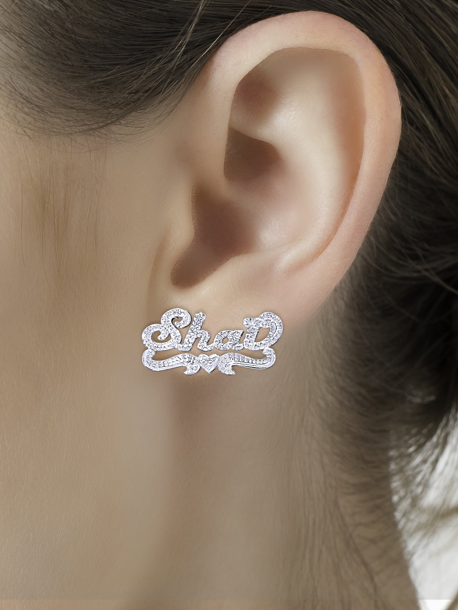 Personalized Stud Name Earrings with Beading and Rhodium All Over The Name, Tail and Heart