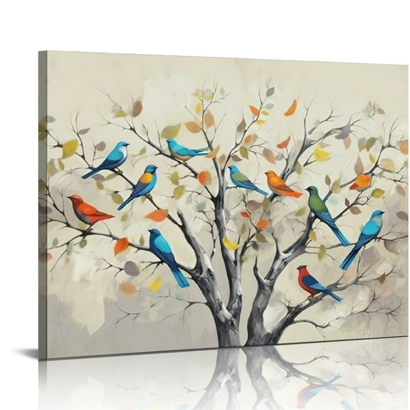 ONETECH Spring Flowers Canvas Wall Art Birds on Tree Branches Picture Giclee Prints Grey Reproduction for Bedroom Ready to Hang