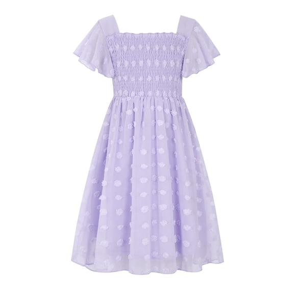 Aideaone Girls Chiffon Dress Flutter Ruffle Short Sleeve Kids Square Neck Frocks Purple 6-13Y