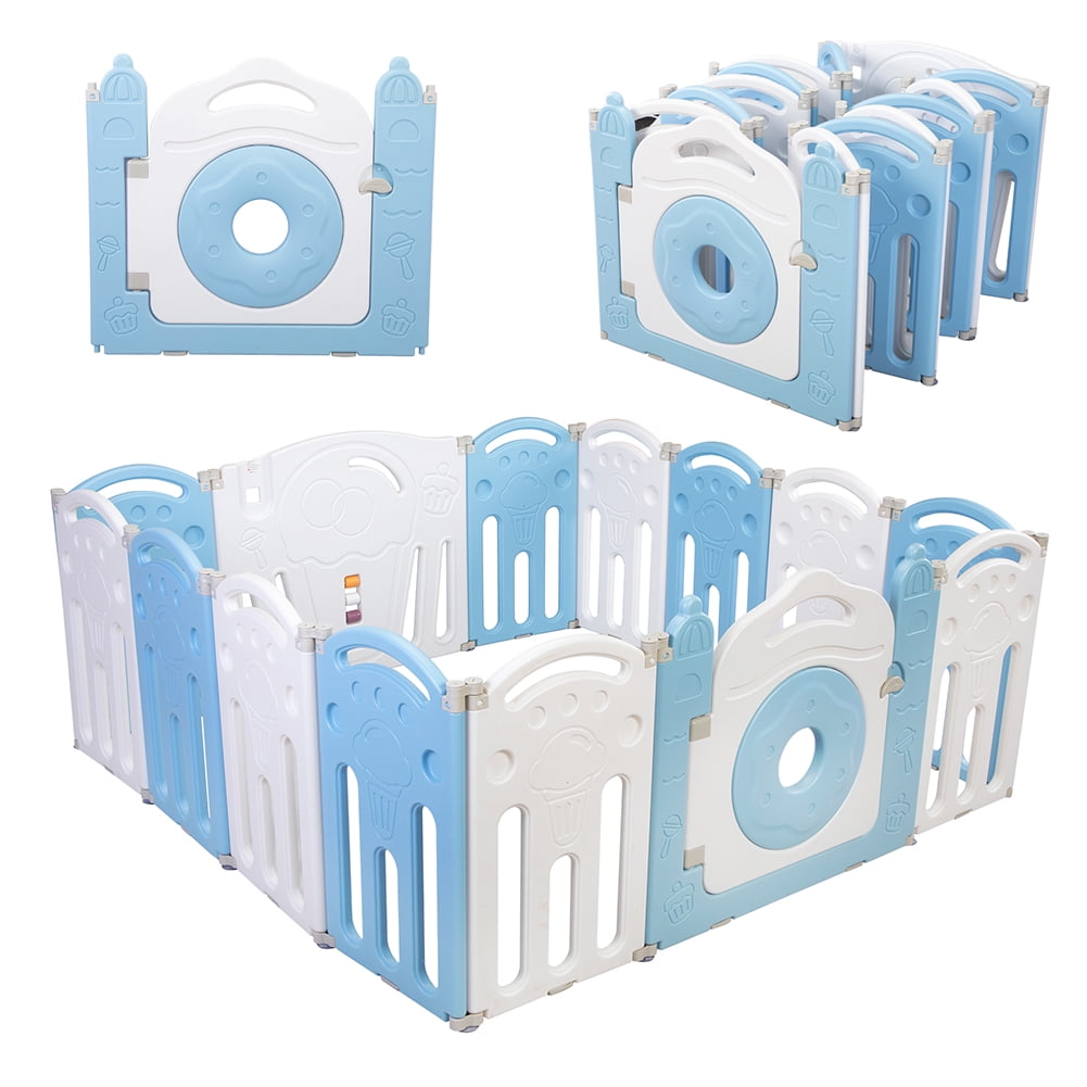 Private Jungle Foldable Kids Activity Centre Safety Play Yard Home Indoor Outdoor Baby Fence Play Pen NO Gaps with Gate for Baby Boys Girls Toddlers(14 Panel,Blue + White)