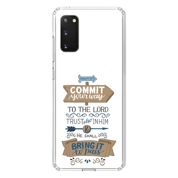 DistinctInk Clear Shockproof Hybrid Case for Galaxy S20 ULTRA / 5G (6.9" Screen) - TPU Bumper, Acrylic Back, Tempered Glass Screen Protector - Psalm 37:5 - Commt Your Way to the Lord