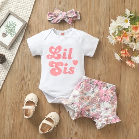 

2022 0-6Y Sister Matching Kids Girl Summer Clothing BIG/LIL SIS Lettering Round Neck Short Sleeve Top/Romper+Floral Shorts 3pcs