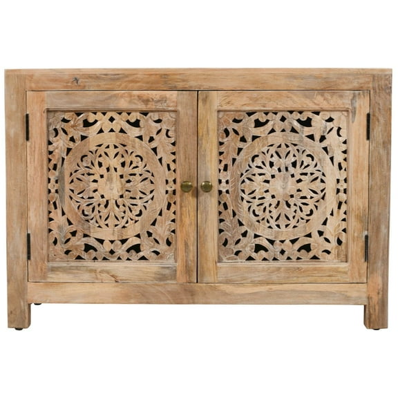 Waverly 2 Door Solid Wood Accent Cabinet with Hand-Carved Doors in Natural