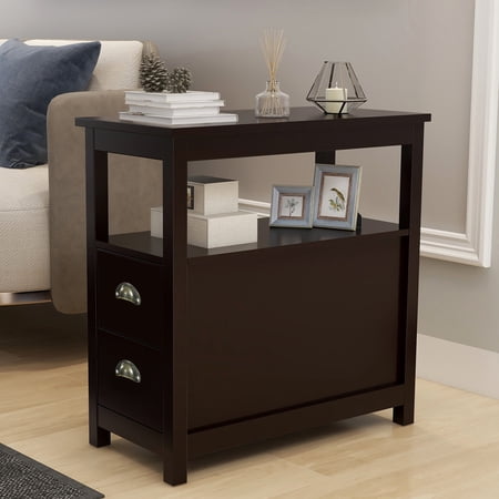 Sesslife Narrow End Tables for Living Room  Wood Storage Side Table with Two Drawers and Open Shelf  Brown Sofa Table Nightstand for Bedroom  Modern Furniture