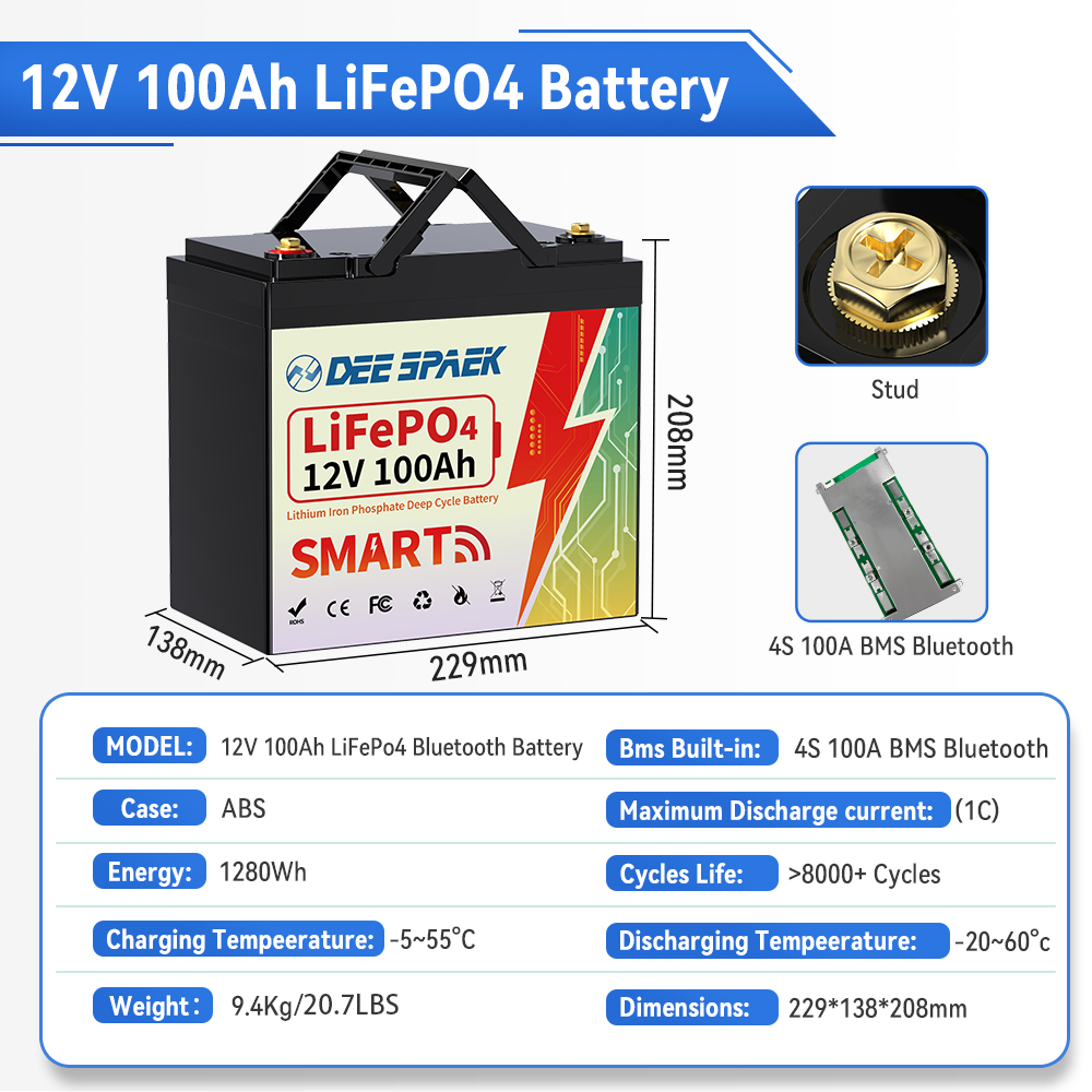 12V 100Ah Mini Lithium LiFePO4 Battery Bluetooth,for RVs,Solar,Marine,Boat,Trolling Motor,Camping,DEESPAEK Group 22NF Deep Cycle Batteries