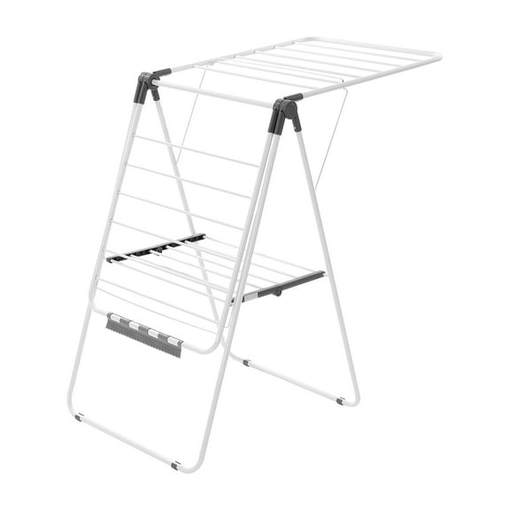 KFFKFF Foldable 2-Tier Laundry Drying Rack with Adjustable Height, Sock Clips & 21 Rods, Metal Free-Standing Space-Saving Design for Indoor and Outdoor Use, White