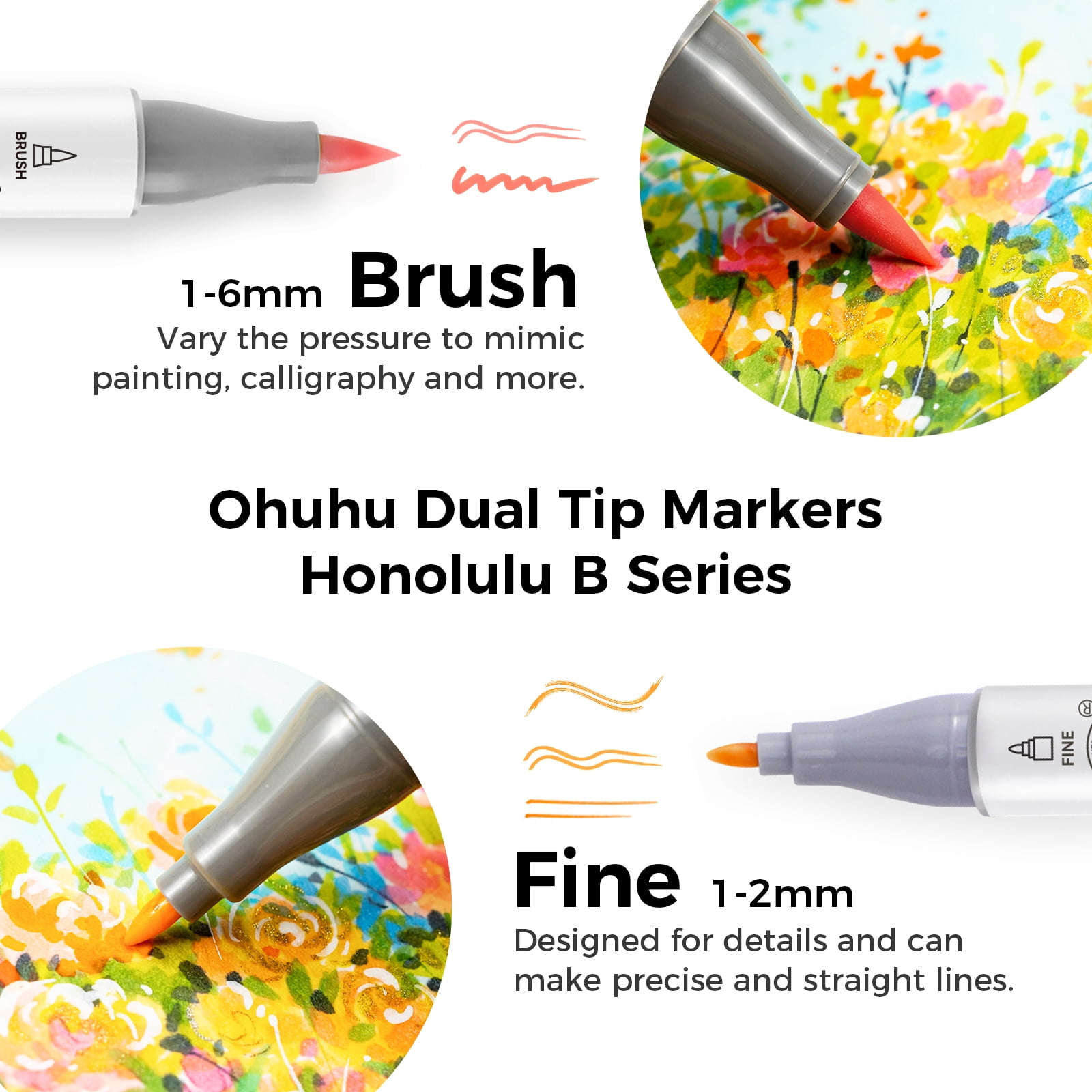 Ohuhu Honolulu Serie 48 Mid-Tone Color Markers Set Brush-and-Fine Dual Tips Alcohol Art Markers-Unique Packaging