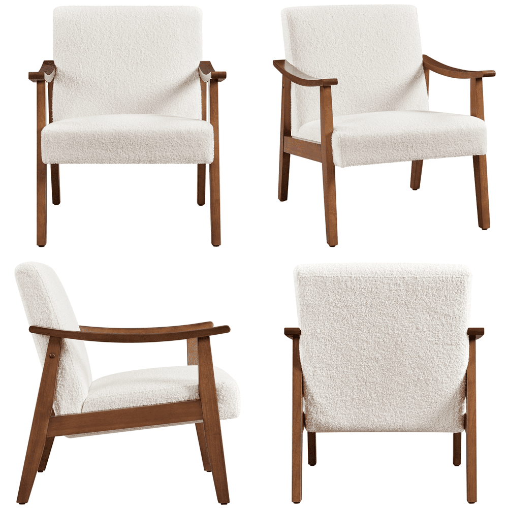 Alden Design Mid-Century Modern Accent Chair with Wooden Frame, Ivory Boucle Fabric