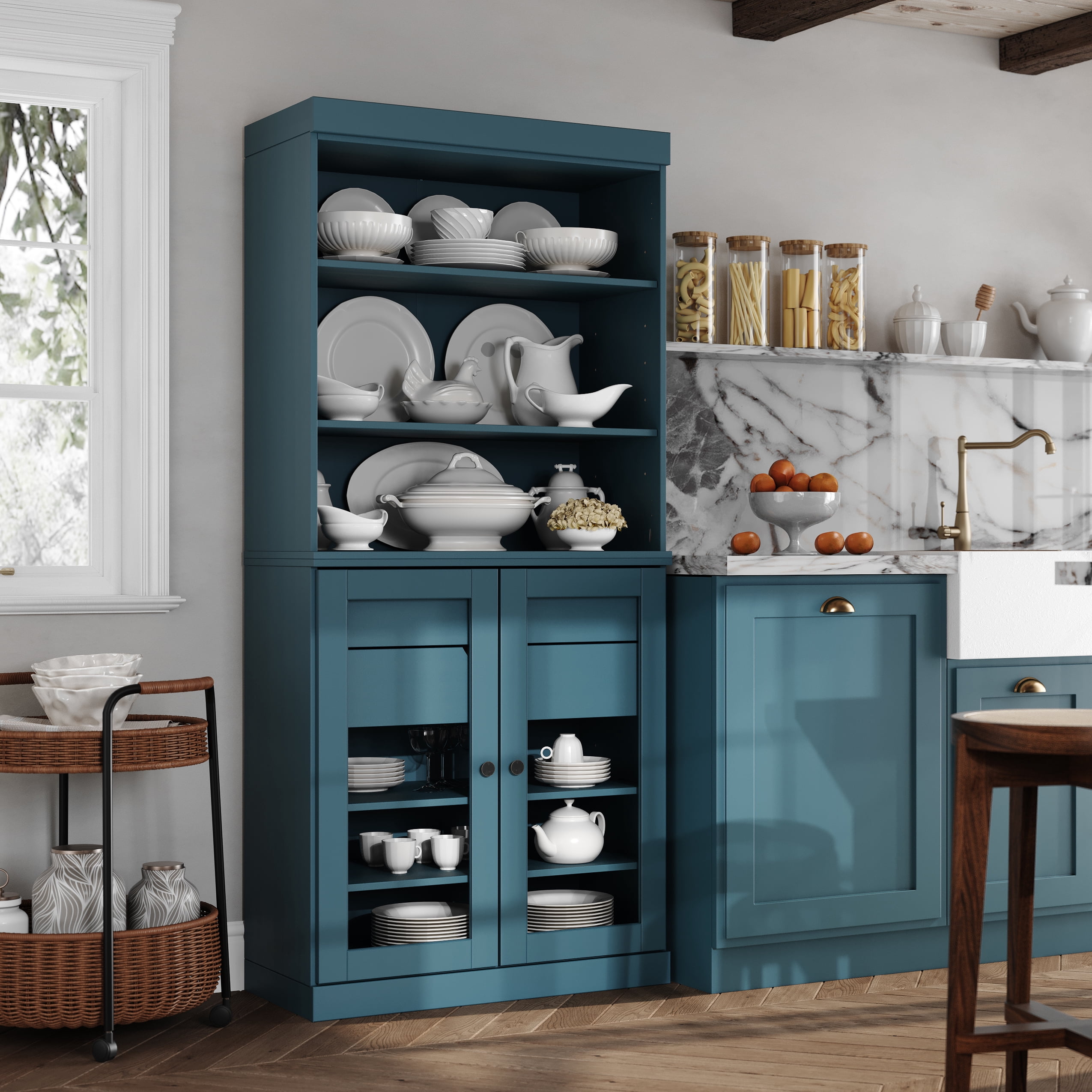Palace Imports 100% Solid Wood 32" Kitchen Pantry Storage Cabinet with Glass Doors, Adjustable Shelves and 2-Drawers, Teal Blue