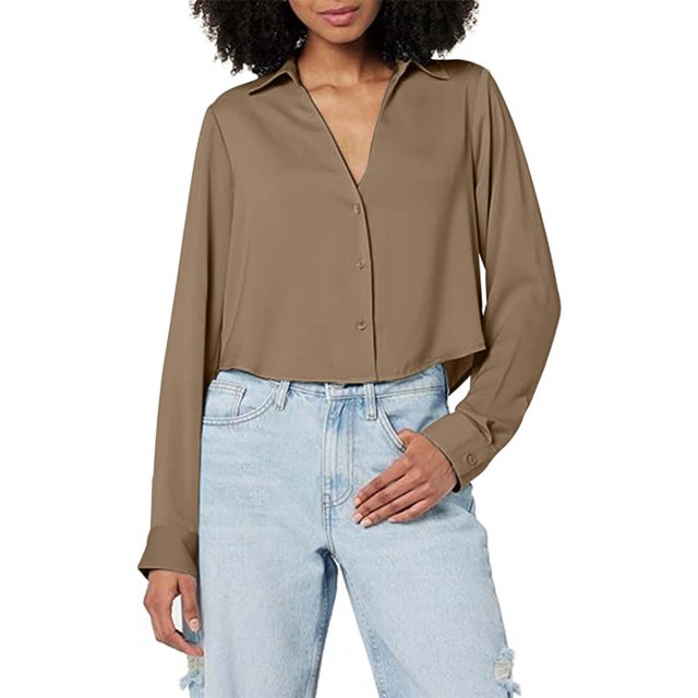 WEAIXIMIUNG T-Shirts Amusants pour Femmes Sarcasme Col en V Mode Féminine Texture Satinée Col à Revers Manches Longues