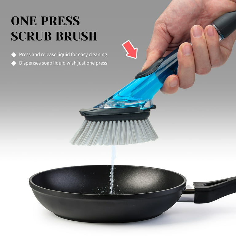 GlorySunshine Soap Dispensing Dish Brush Set, Scrub Brush with 4 Sponge  Replacement Heads and 2 Adhesive Hooks, Dish Brush with Handle 