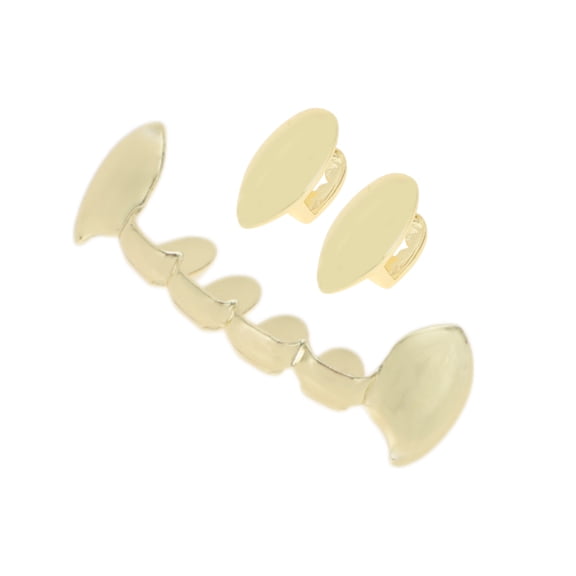 Unique Bargains Double Fangs Fake Teeth Grills 2 Set Gold Tone