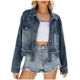 thumbnail image 1 of Veste en Denim pour Femmes, Manches Longues Col Rabattu Veste Décontractée, Coupe Régulière Veste Bleue pour l'Hiver Usage Quotidien, 1 of 4