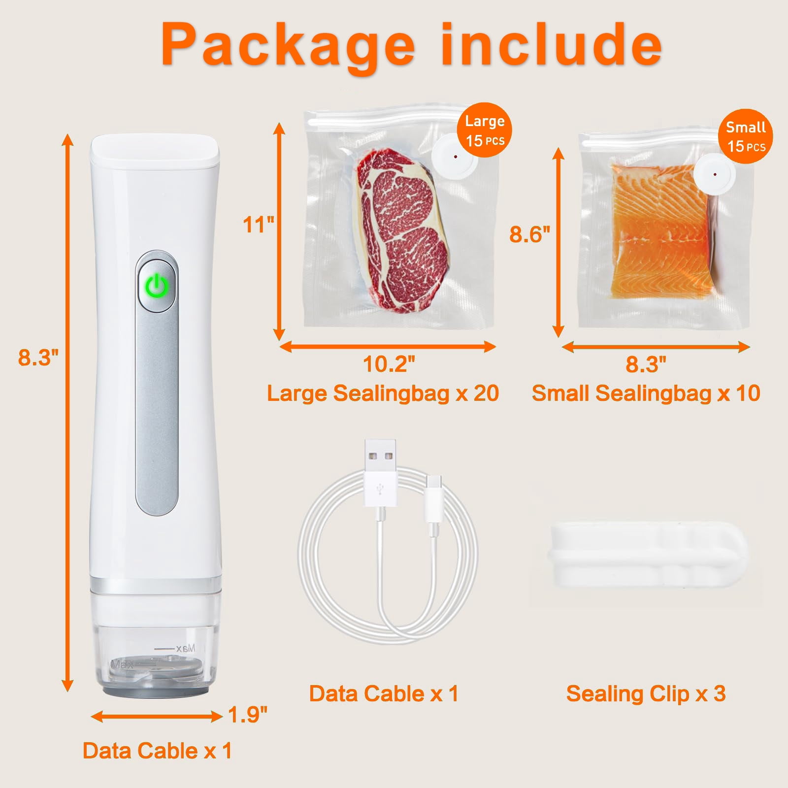 Beslands Handheld Vacuum Sealer for Food with 30 Reusable Bags - 6X Extended Freshness, Powerful Portable Food Saver Machine for Compact Storage, Meal Prep, Sous Vide & Kitchen Organization, White