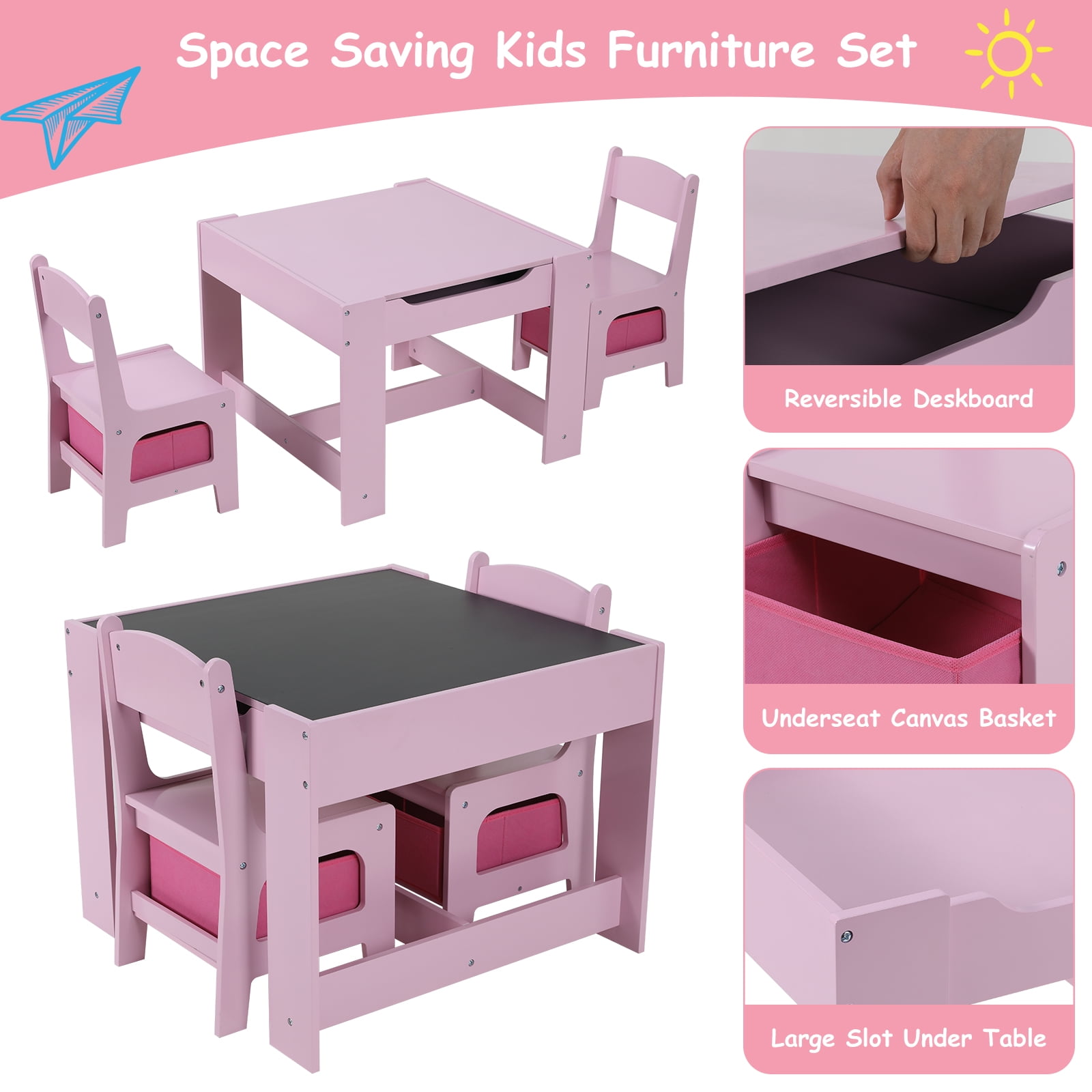 Arlopu Kids Table and 2 Chairs Set, Wooden 3pcs Activity Play Table Set for Toddlers Art Crafts Drawing Reading