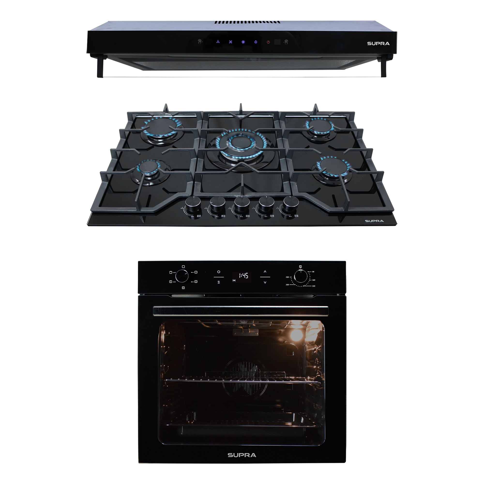 SUPRA Combo GRAND PIACERE Parrilla de Empotrar Piacere Glass 76 y Horno Electrico Pomelo con Campana de Pared Nina 76 Cristal Negro
