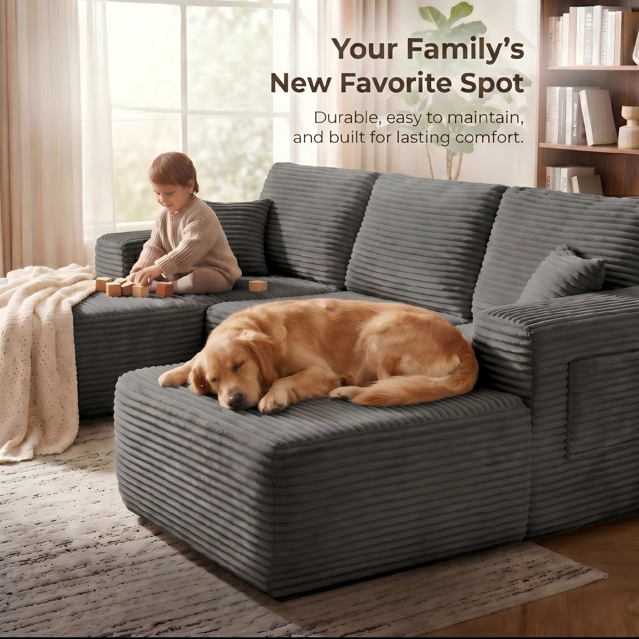 104" Premium Corduroy Sectional Sofa with Reversible Chaise, U-Shape Modular Couch with Deep Seating, Pocket Spring Cushions, Side Pockets, Tool-Free Assembly for Living Room, Right Facing (Grey)