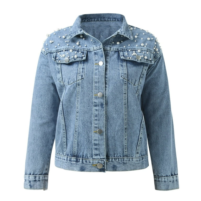 JDEFEG Plus Size Fitted Jacket Women s Pearls Beading Embroidery Denim Jackets Casual Embroidered Jean Coat Outerwear Denim Buttons Coat Jean Jackets