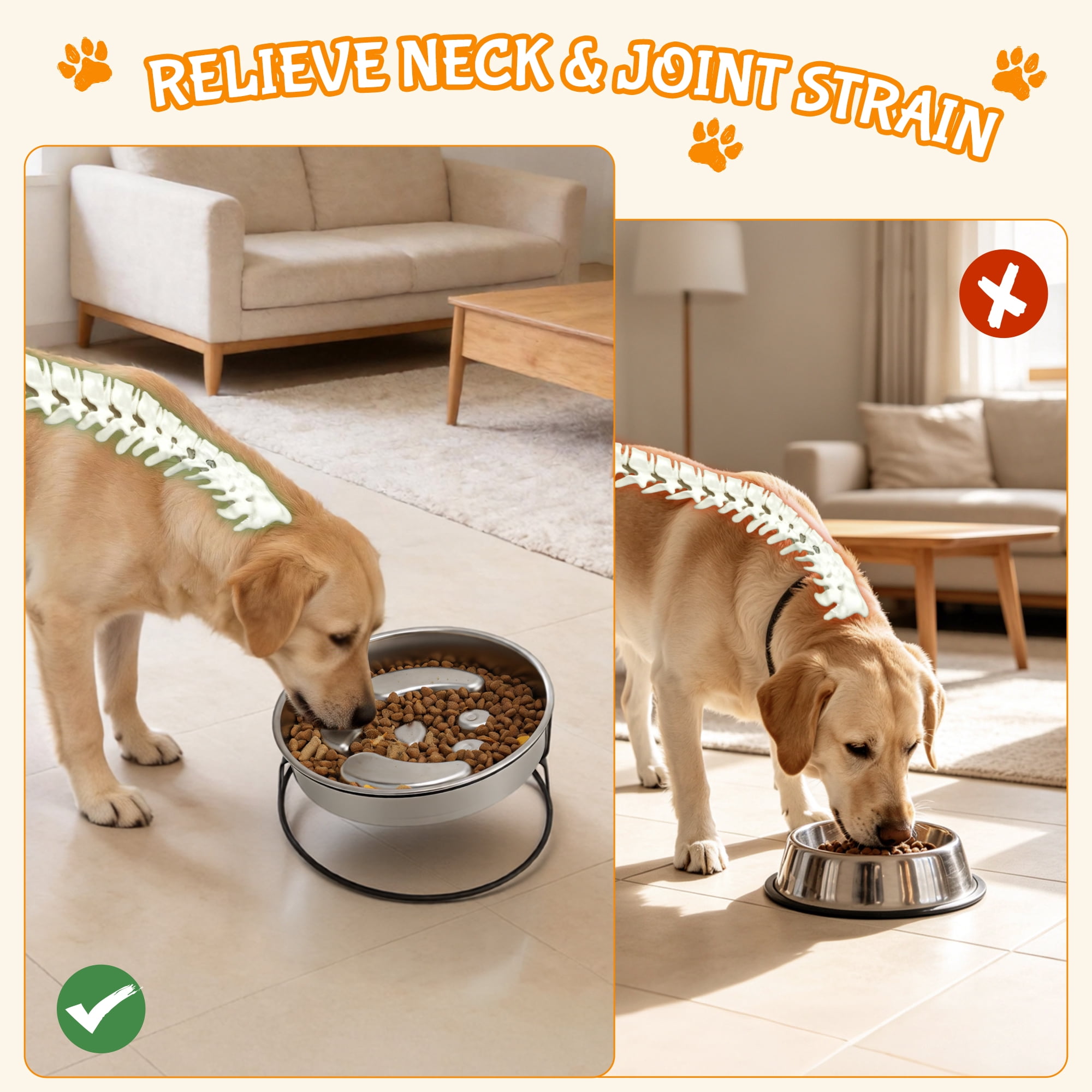Unique Bargains Elevated Dog Bowl Stand Stainless Steel Slow Feeder Dog Bowl with Non-Slip Base Slow Down Eating for Dogs Silver Tone 1 Set [Dog Face Pattern]