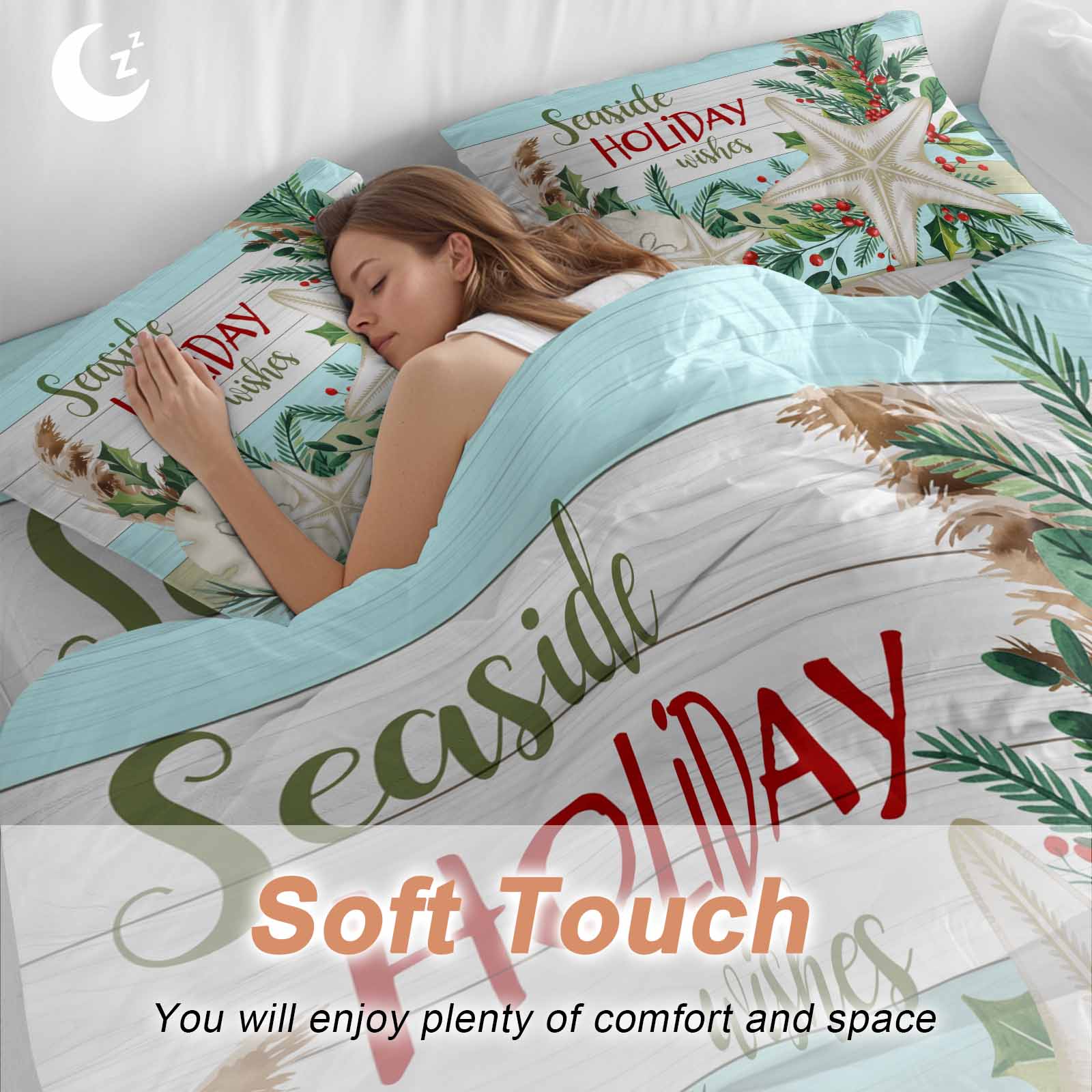 Seaside Holiday Wishes Bedding Duvet Cover Set King Size 4 Pieces Christmas Starfish Holly Wooden Grain Bedding Set with Zipper Closure, 1 Comforter Cover 92x106 Inches 1 Flat Sheet & 2 Pillow Cases