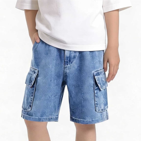 LJEFF Boys Paperbag Waist Denim Shorts, High Waist Buttons Pocketed Cuffed Hem Shorts for Kids Blue Size 6 T