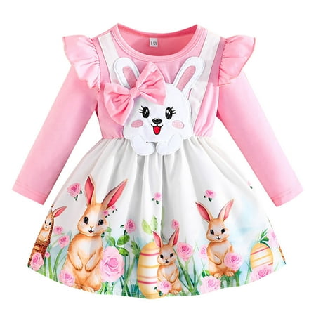 

Rovga Winter Dress For Girl Toddler Children Long Sleeve Round Neck Cartoon Rabbit Prints Bowknot Dresses Clothes Comfortable Daily Outfits Pink 12-18 Months