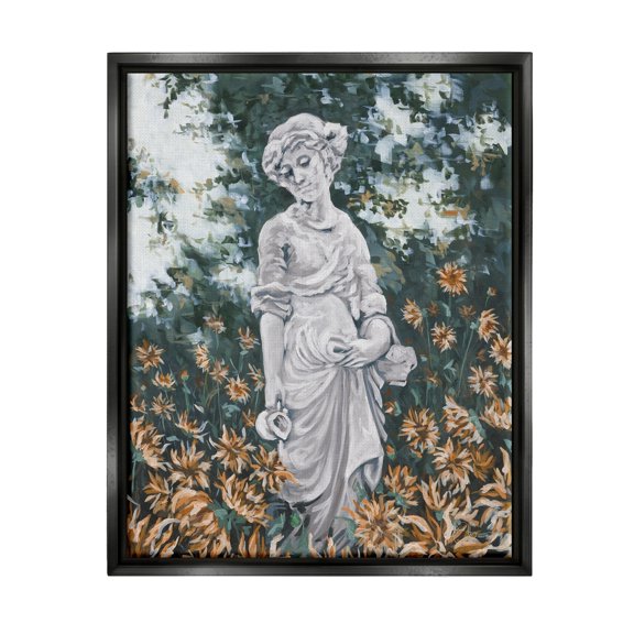 Stupell Industries Graceful Garden Woman Statue Surrounded Flower Blossoms Painting Jet Black Floating Framed Canvas Print Wall Art, Design by Hollihocks Art