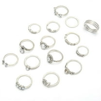 Fiaya Women Silver Alloy Ring Set, 15Pcs Heart Rhinestone Stackable Finger Ring, Jewelry Gift for Women Holiday Party Gift (A)