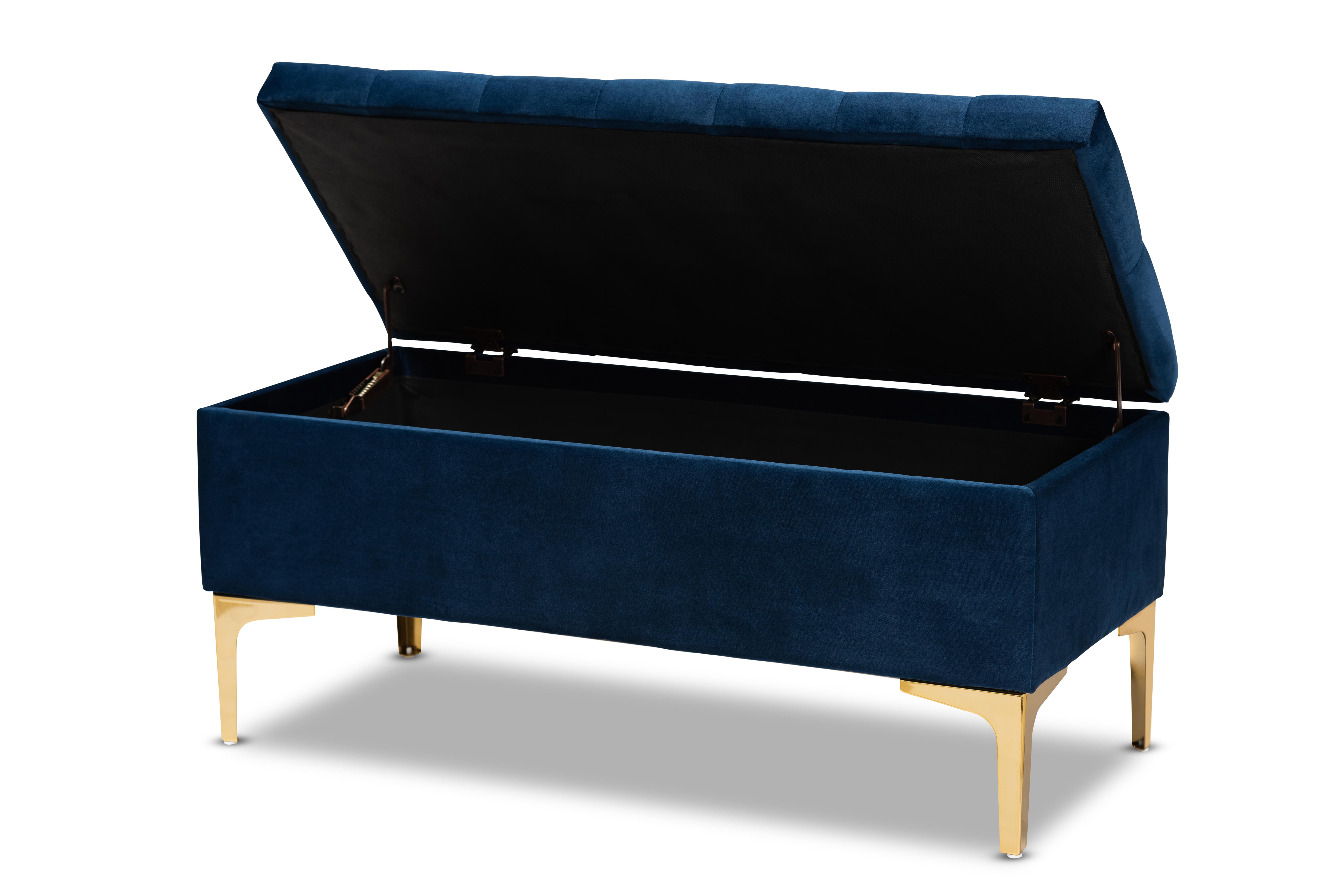 Baxton Studio Valere Glam and Luxe Navy Blue Velvet Fabric Upholstered Gold Finished Button Tufted Storage Ottoman