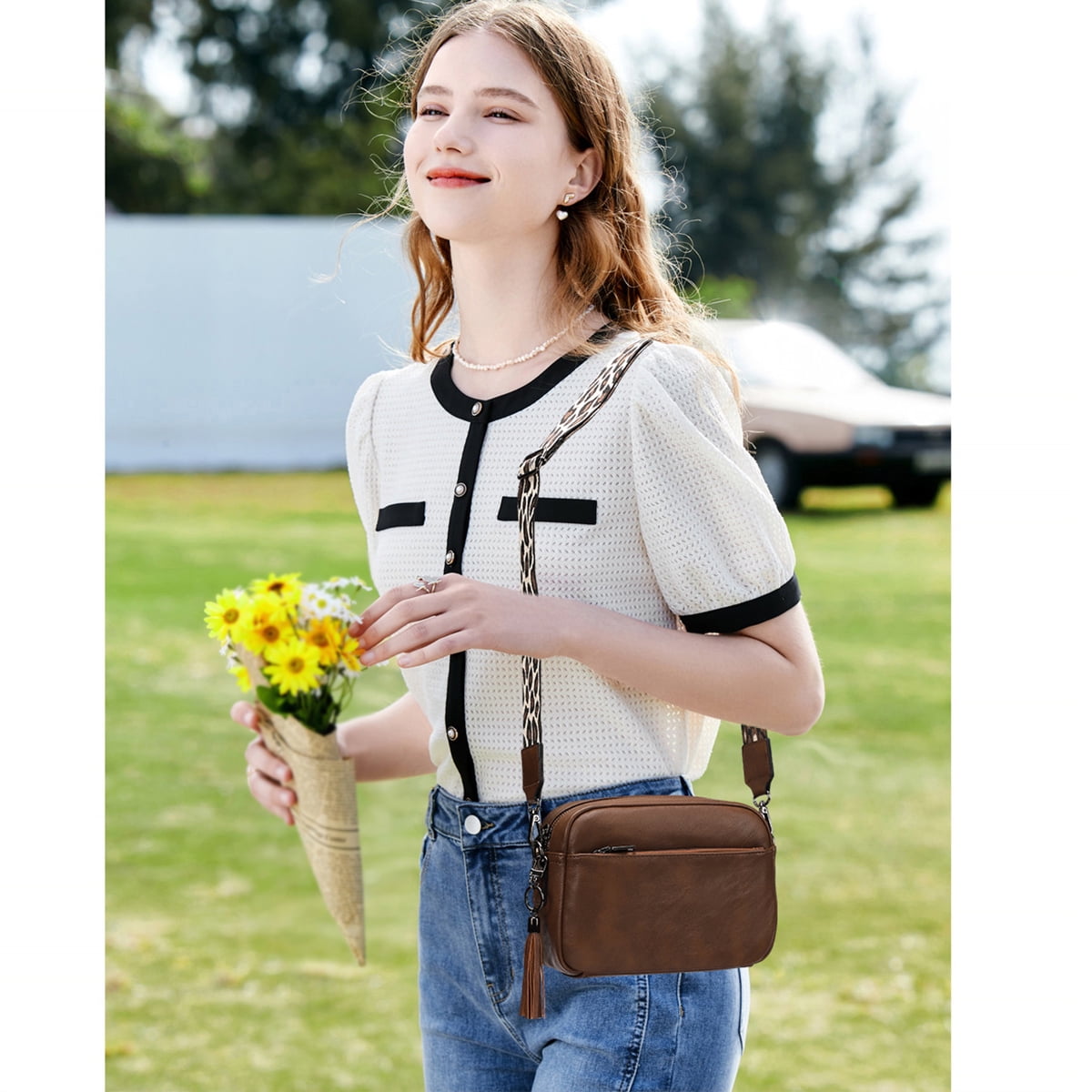 KL928 Soft Leather Crossbody Bag for Women Ladies Wide Strap Shoulder Bag Small Purses and Handbags