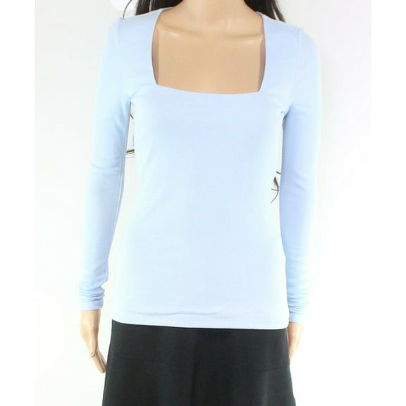 INC Women's Blouse Pastel Square-Neck Ribbed Texture Top Blue S