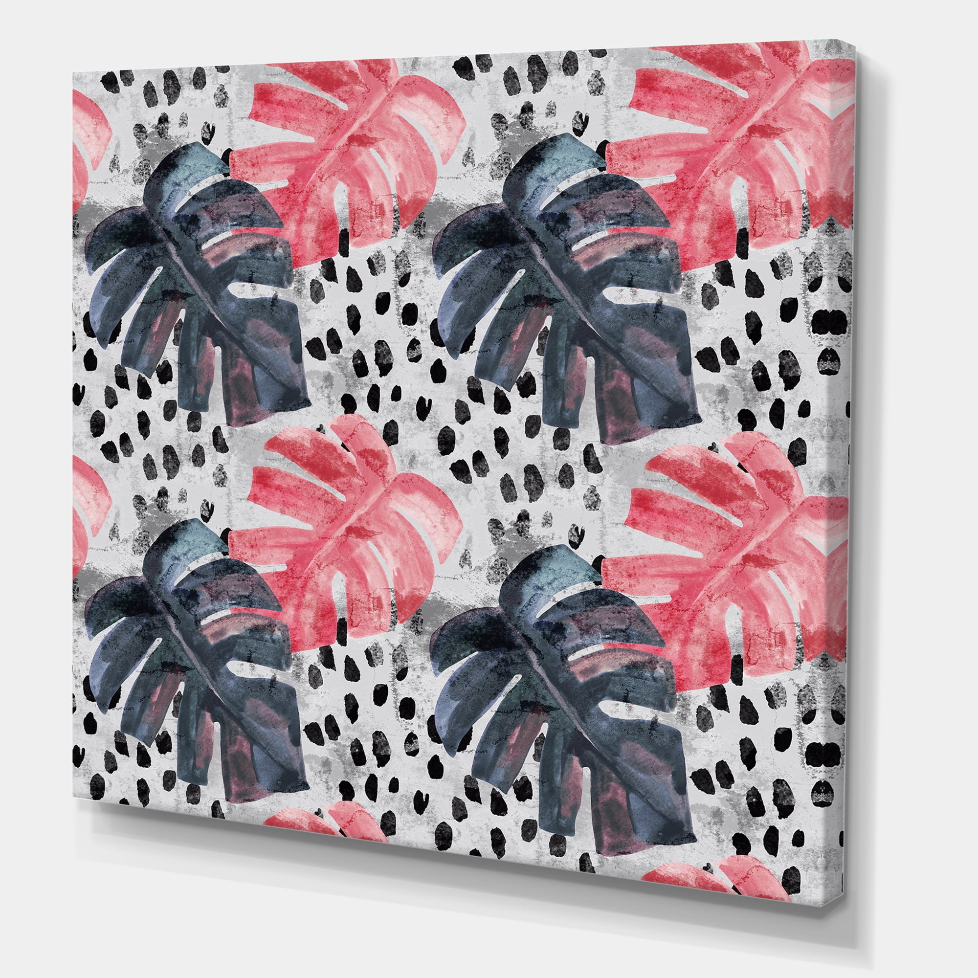 Designart ' Black and Red Monstera On Rough Brush Strokes I ' Tropical Canvas Wall Art Print