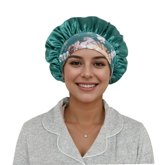 Women Silk Bonnet for Sleeping Satin Hair Bonnet with Floral Elastic Band for Hair Protection - Teal