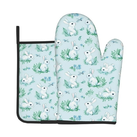 

Tebeau Rabbit And Dragonfly Print Oven Mitts and Pan Racks 2-Piece Set Kitchen Oven Mitts and Pan Racks Heat Resistant 500 °F for Baking and Cooking