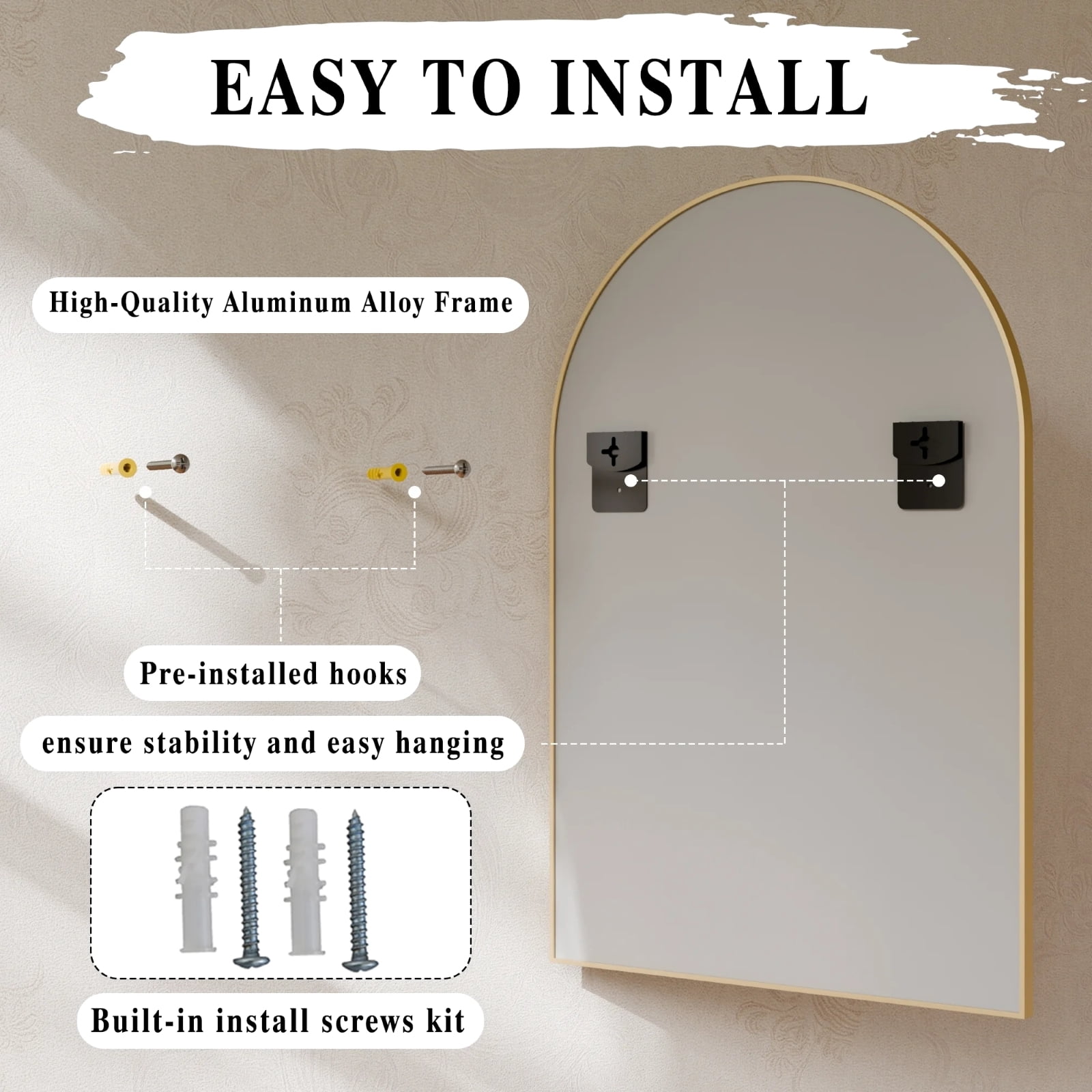 GRAHMCY 24"x16" Arched Bathroom Mirror Wall Mirror With Aluminum Alloy Frame, Gold
