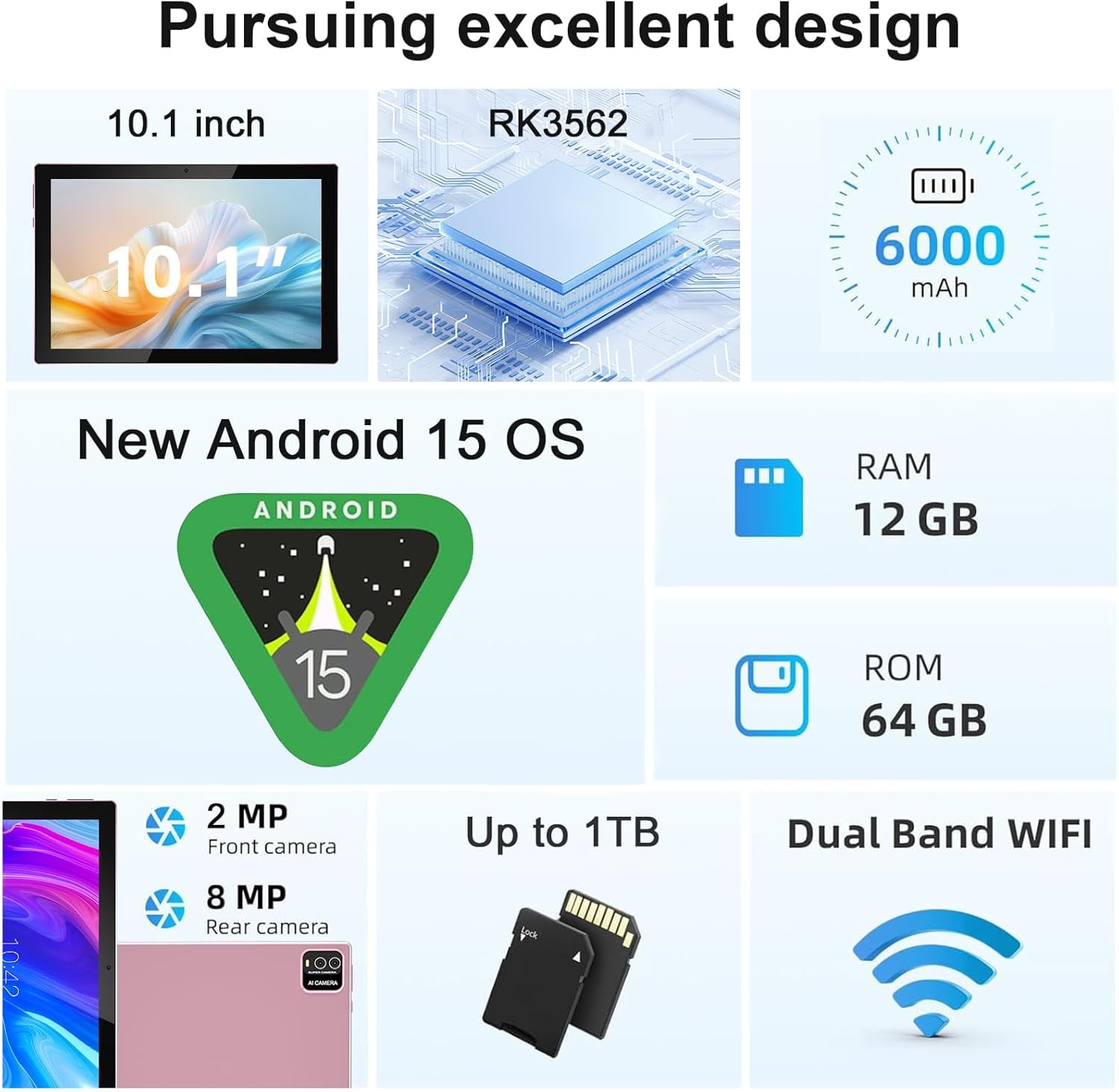 Android 14 Tablet, 10 inch 8GB RAM+64GB ROM+1TB Expend Tableta