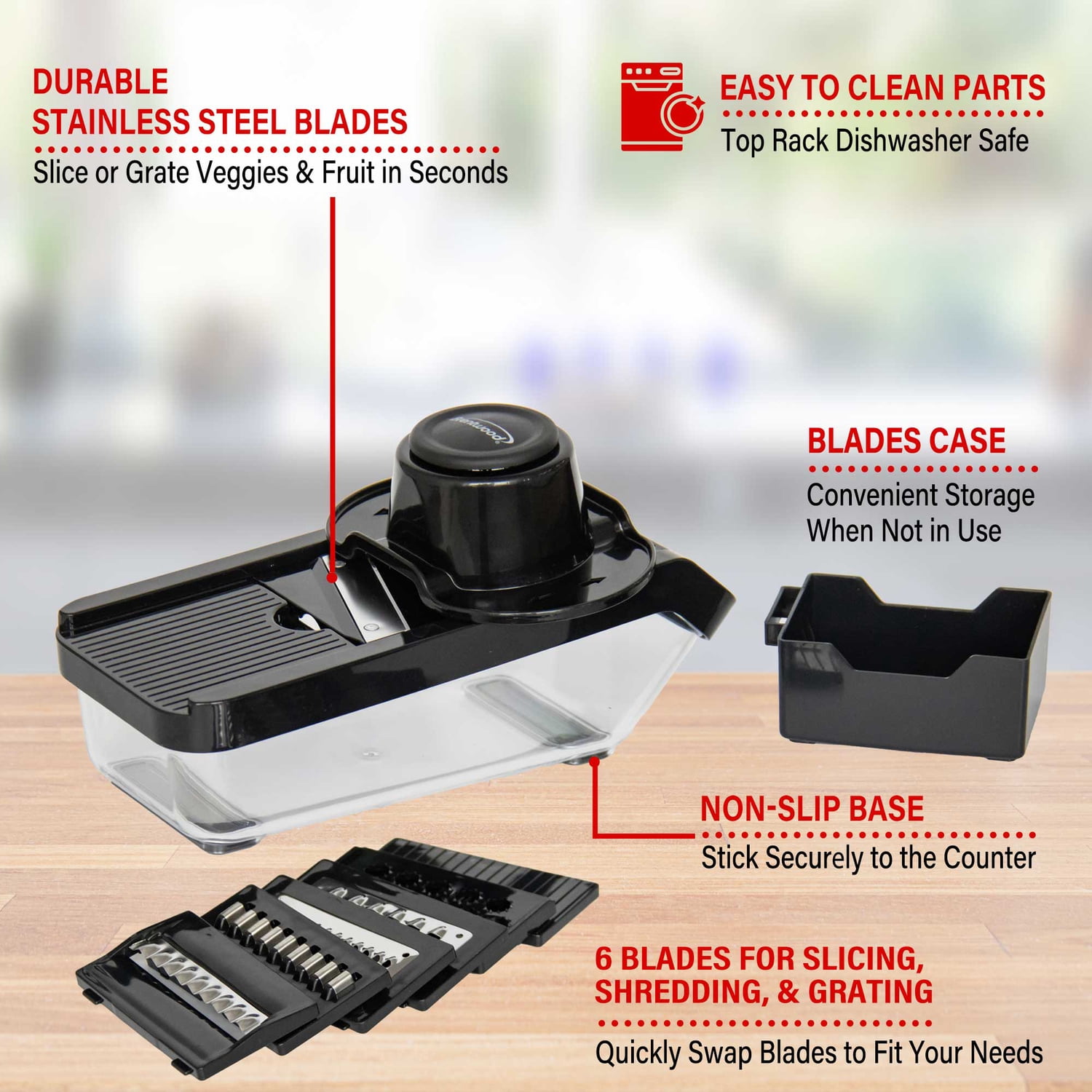 Brentwood Mandoline Slicer and Cheese Grater with 3.6-Cup Storage Container and 6 Interchangeable Stainless Steel Blades, Black, KA-5046BK