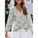 thumbnail image 2 of Blusa Con Cuello En V Gasa Estampado Floral Manga Larga Acampanada Tops Encantadores Casuales Para Mujer Verde XL, 2 of 6