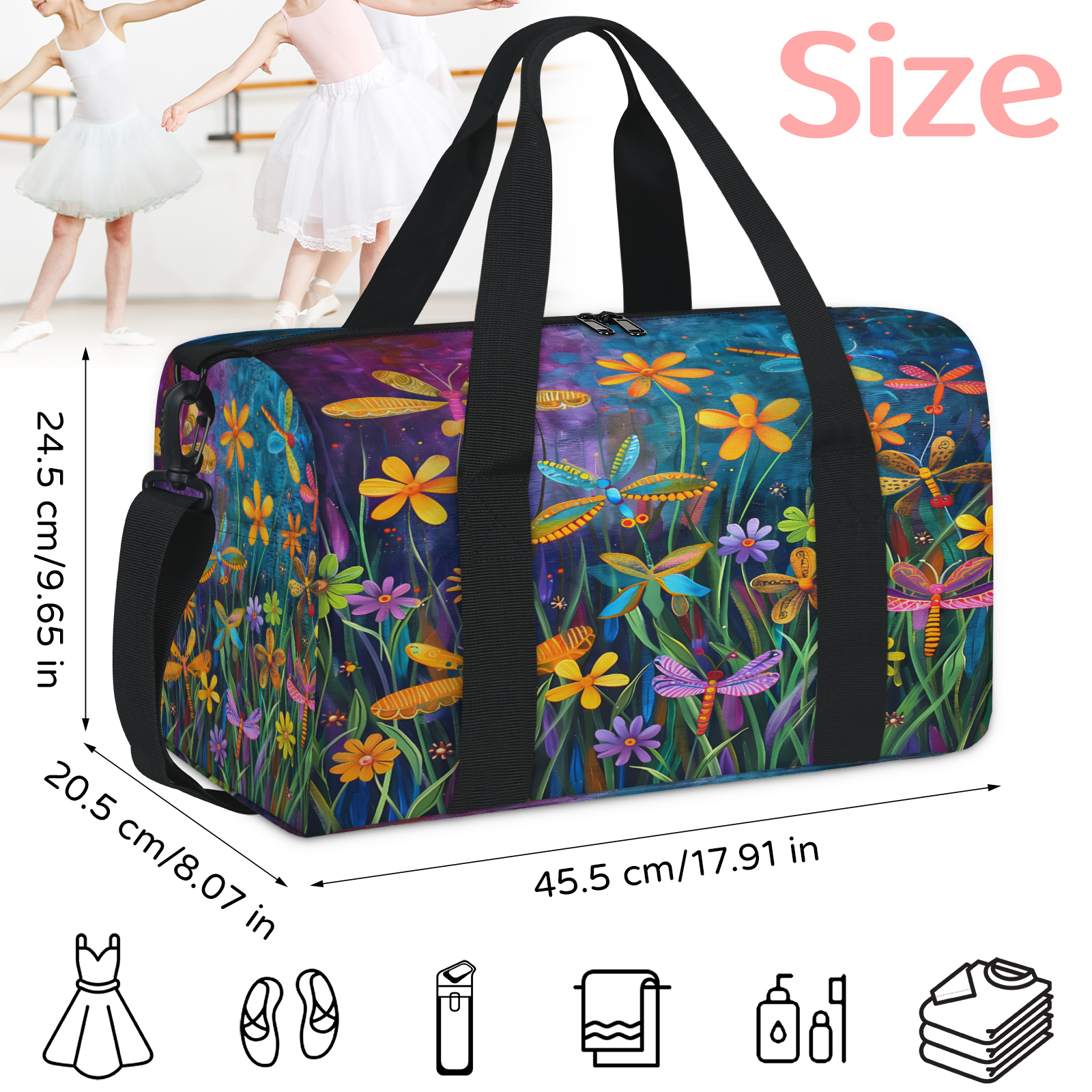 Herdesigns Colorful Dragonflie Flowers Gym Bag for Women, Duffle Bag for Travel Sport, Lightweight Waterproof Carry on Weekender Overnight Dance Yoga Workout Bags