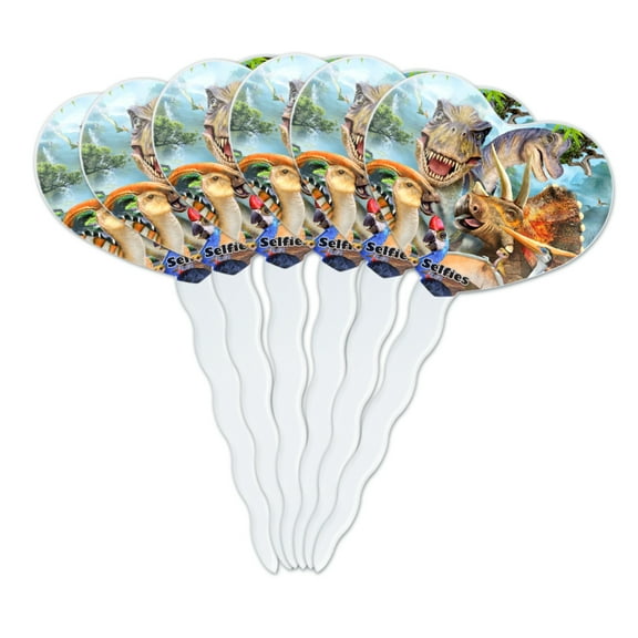 Dinosaur Jurassic Selfie T-Rex Triceratops Brontosaurus Pterodactyl Parasaurolophus Heart Love Cupcake Picks Toppers Decoration Set of 6