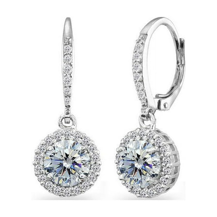 Sterling Silver Clear Round Halo Dangle Leverback Earrings Made with Swarovski Crystals