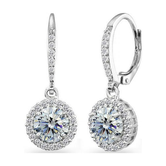 Sterling Silver Clear Round Halo Dangle Leverback Earrings Made with Swarovski Crystals