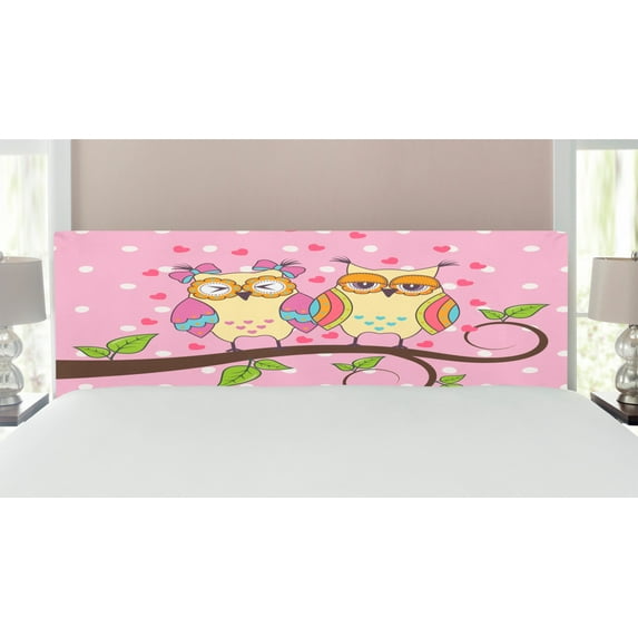 Owls Headboard, Owls in Love on Branch Polkadots Leaves Hearts Romance Theme, Upholstered Decorative Metal Bed Headboard with Memory Foam, King Size, Pale Yellow Apple Green, by Ambesonne