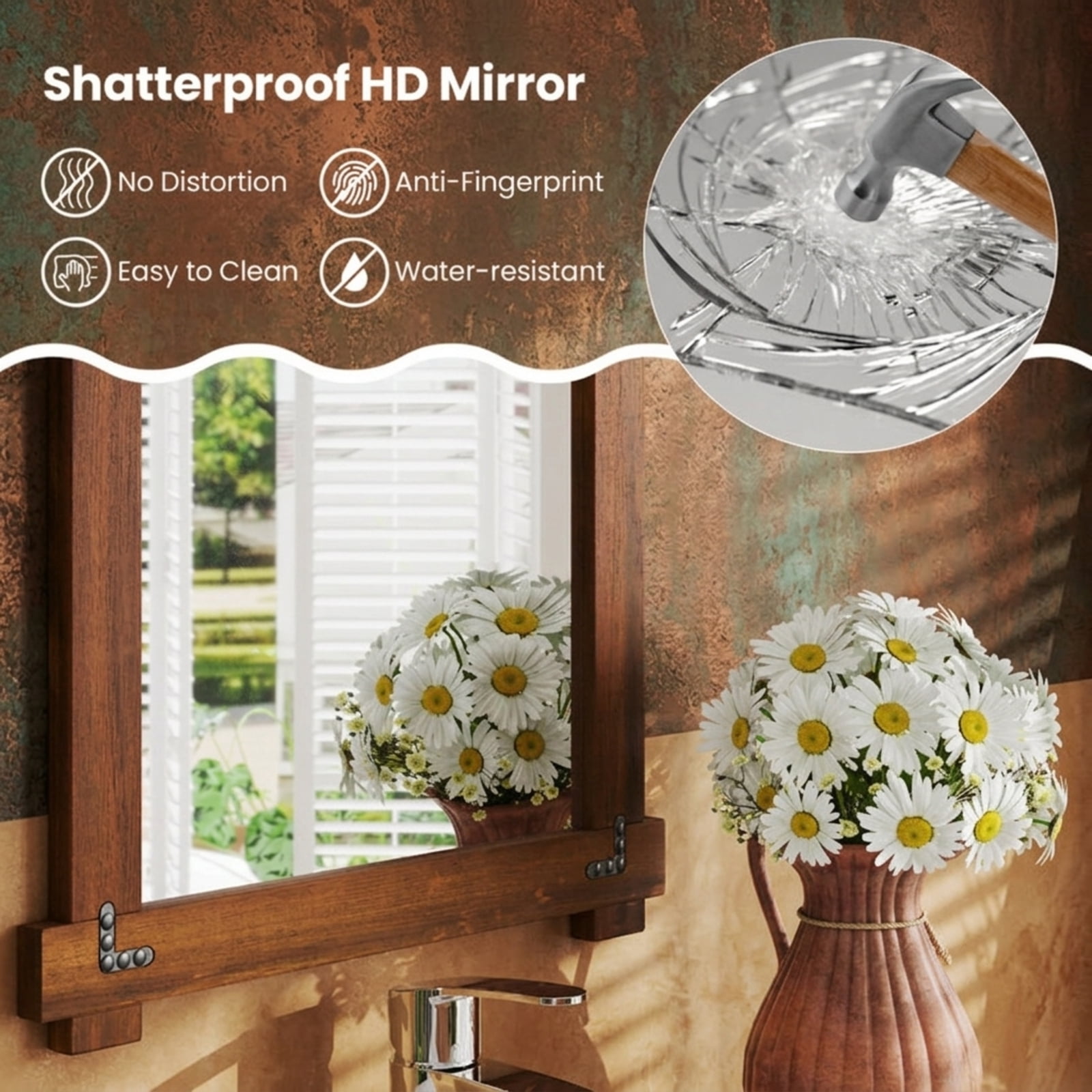 Vebreda 40" x 28.5" Wood Framed Wall Mirror with Acacia Wood Frame, Shatterproof HD Glass and Vintage Rivet Design, Brown