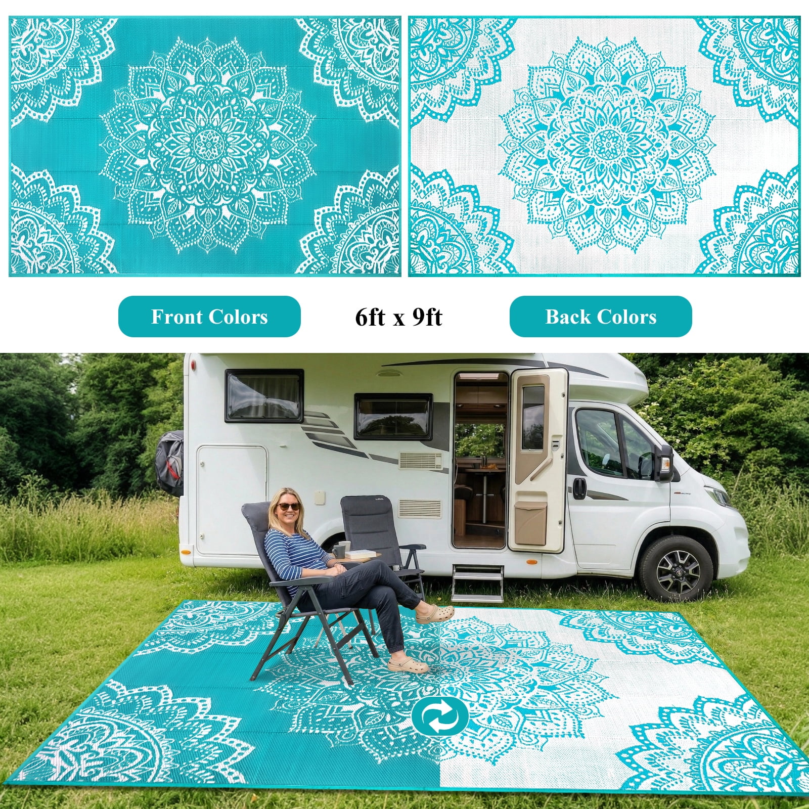 Findosom 9'x12' Outdoor Rugs Large Patios RV Outdoor Rug Reversible Waterproof Camping Rugs Portable Plastic Straw Outdoor Area Rug for Camping, RV, Balcony, Patio, Picnic,Teal