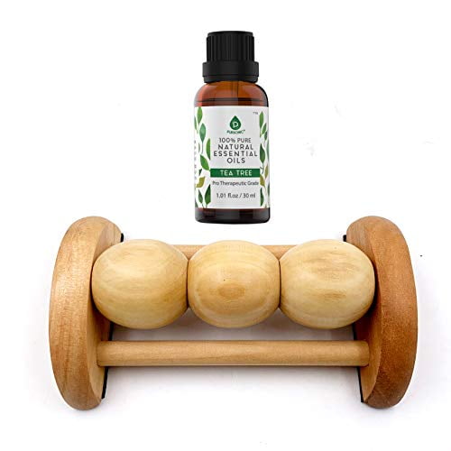 Pursonic All Natural Wooden Foot Massager Roller & 100% Pure Tea Tree Natural Aromatherapy Essential Oils 1oz,Built to Soothes Tired Or Aching Feet,Relieve Arch Pain,Plantar Fasciitis & More! (Small)