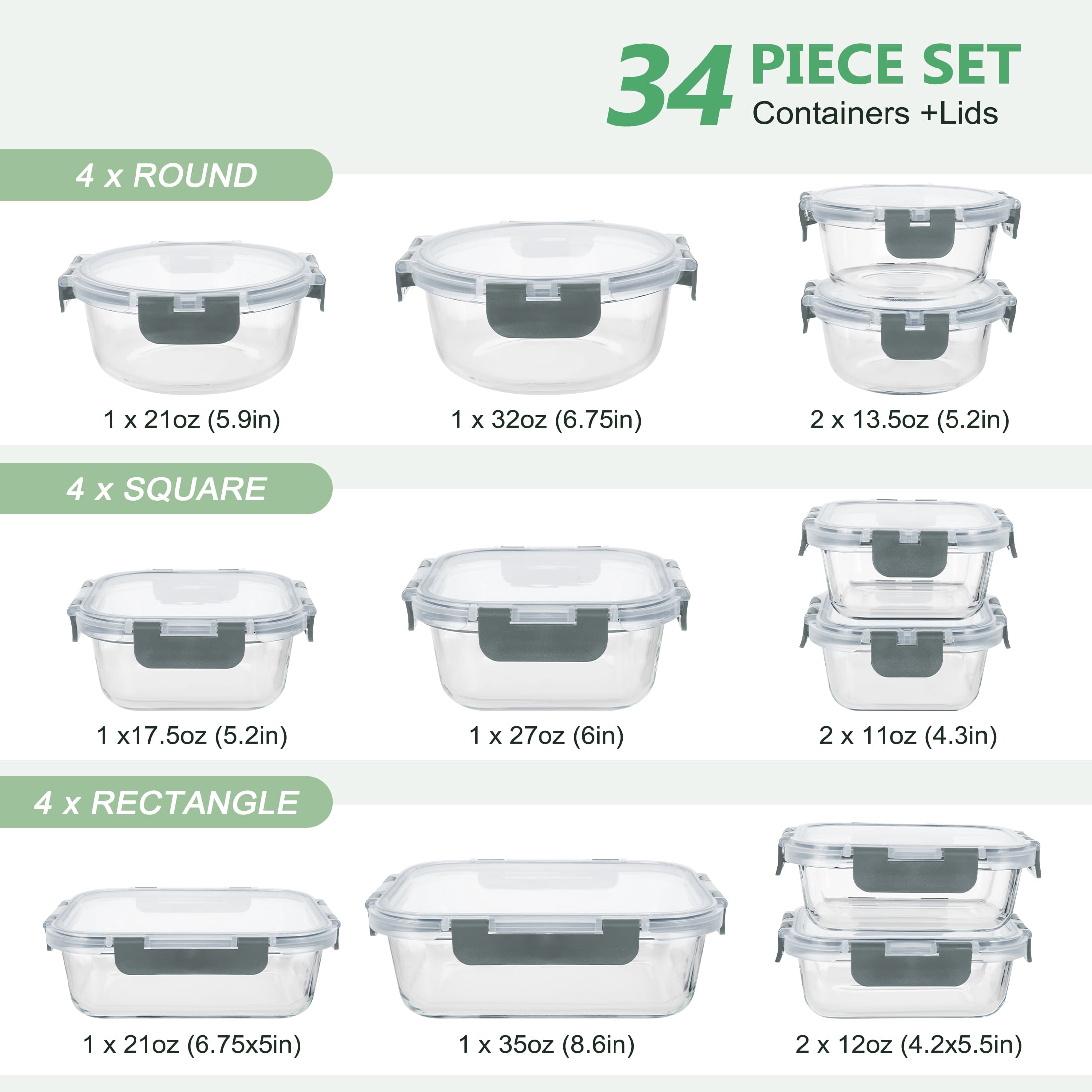 GPED 34-Piece Glass Food Storage Container Set, Glass Meal Prep Containers with Snap-Locking Lids, Glass Lunch Box, Airtight Bento Box, for Microwave, Oven, Freezer, and Dishwasher Safe, Gray