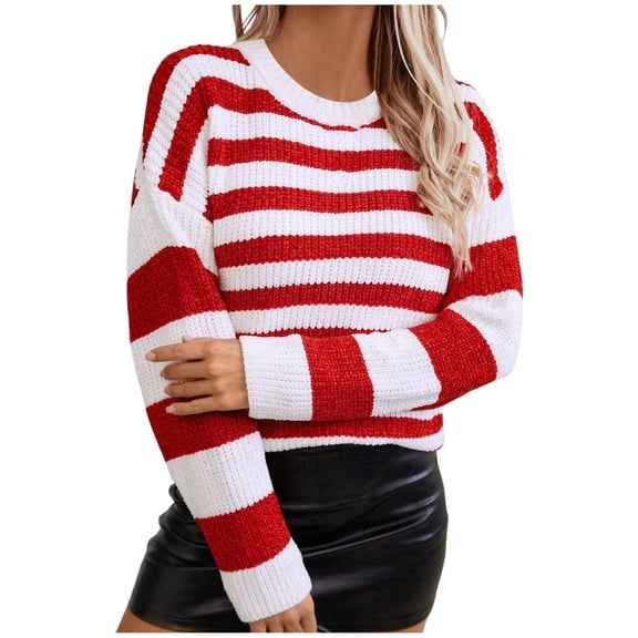 Women's Sweater Striped Color Block Knit Fashion Long Sleeve Crew Neck Casual Fall Winter Clothes
