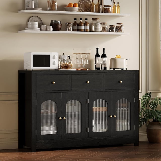 Farmhouse Large Buffet Sideboard Cabinet with 4 Doors & 3 Drawers, Kitchen Cabinet Display Cabinet with Adjustable Shelf, Wine Buffet Cabinet with Storage for Dining Room, Living Room
