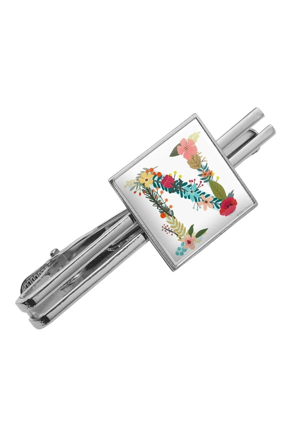 Letter N Floral Monogram Initial Square Tie Bar Clip Clasp Tack- Silver or Gold